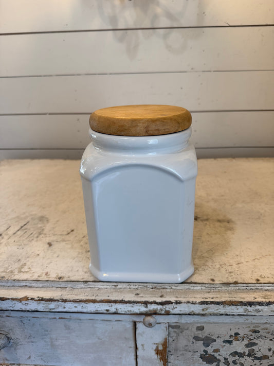 White Ceramic and light wood hexagon Canister will get IOD