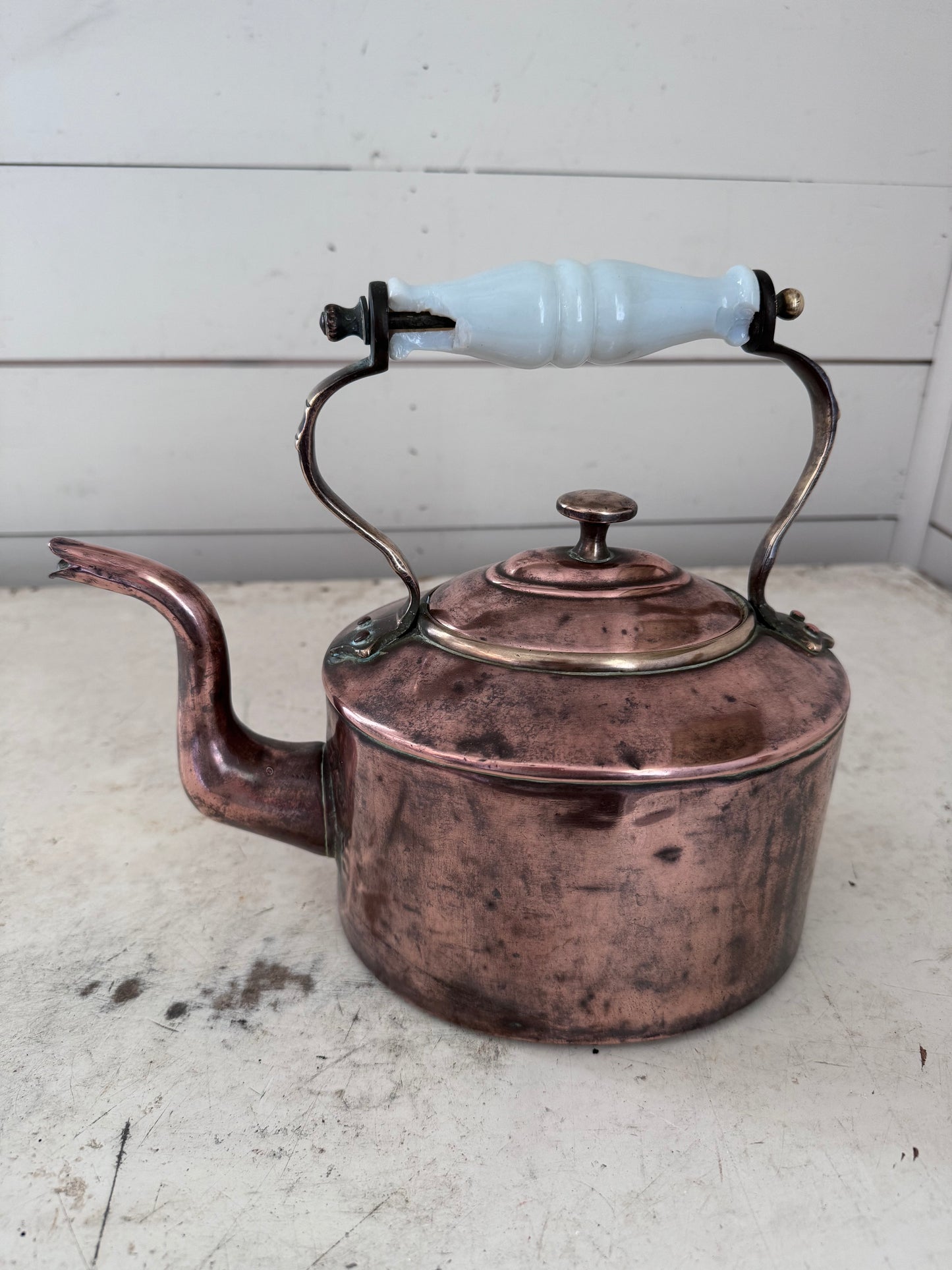 Antique Copper Kettle With Milk Glass Handle (Handle has some chips and cracks)