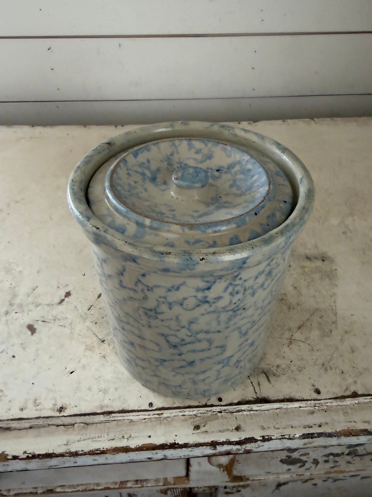 Antique Blue Spongeware Crock
