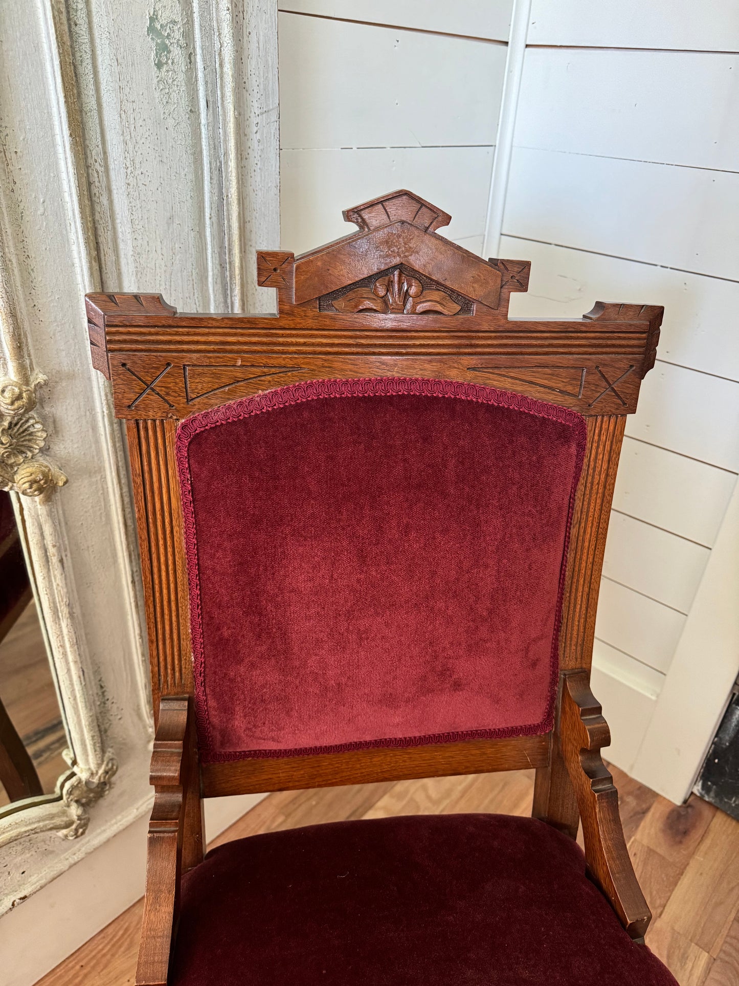 Antique 19th Century Victorian Eastlake Crushed Red Velvet Parlor Side Chair - smells clean and is sturdy