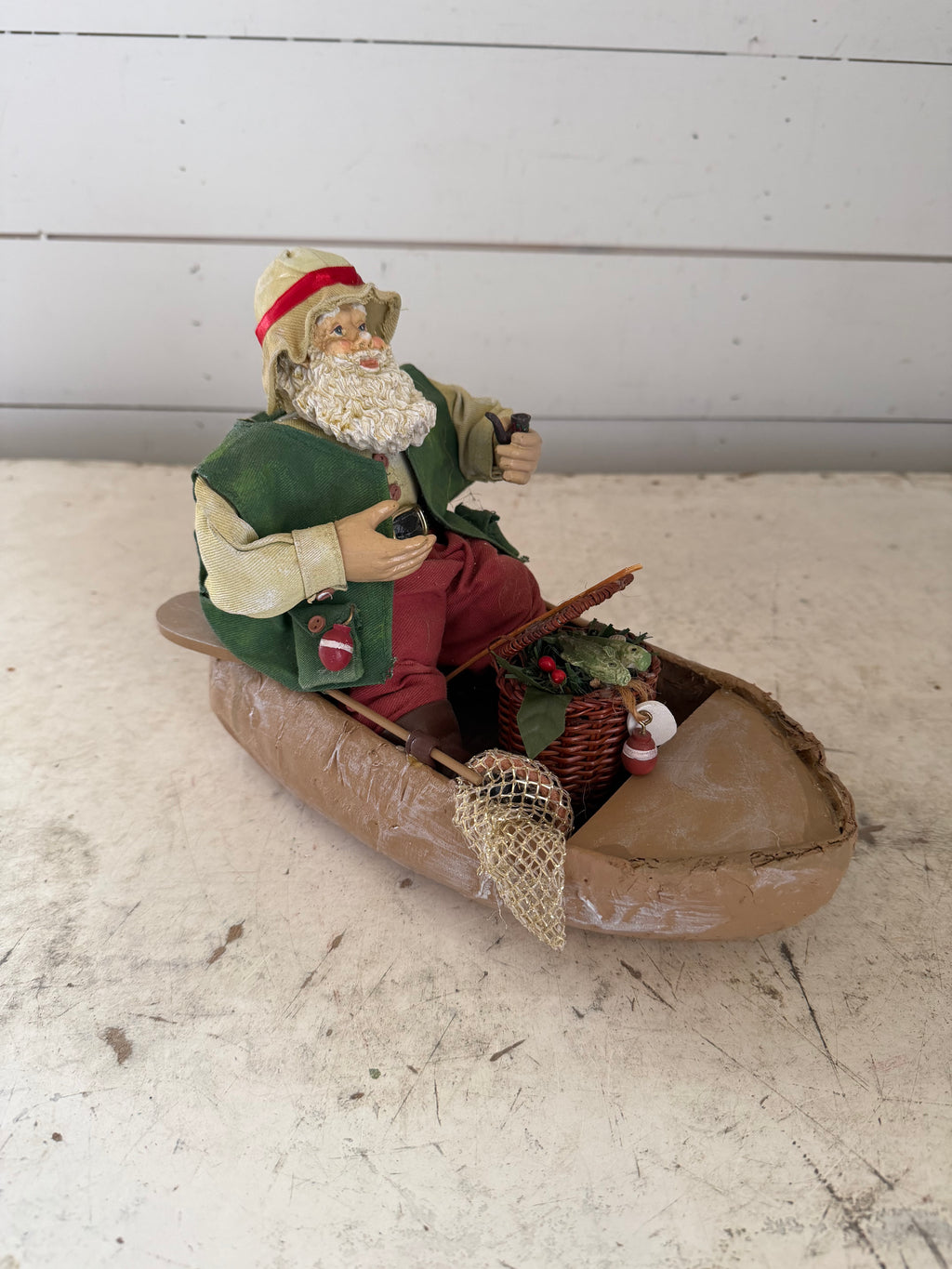 Fishing Fisherman Paper Mache Santa Figure Creel IN BOAT FISH Folk Art Christmas