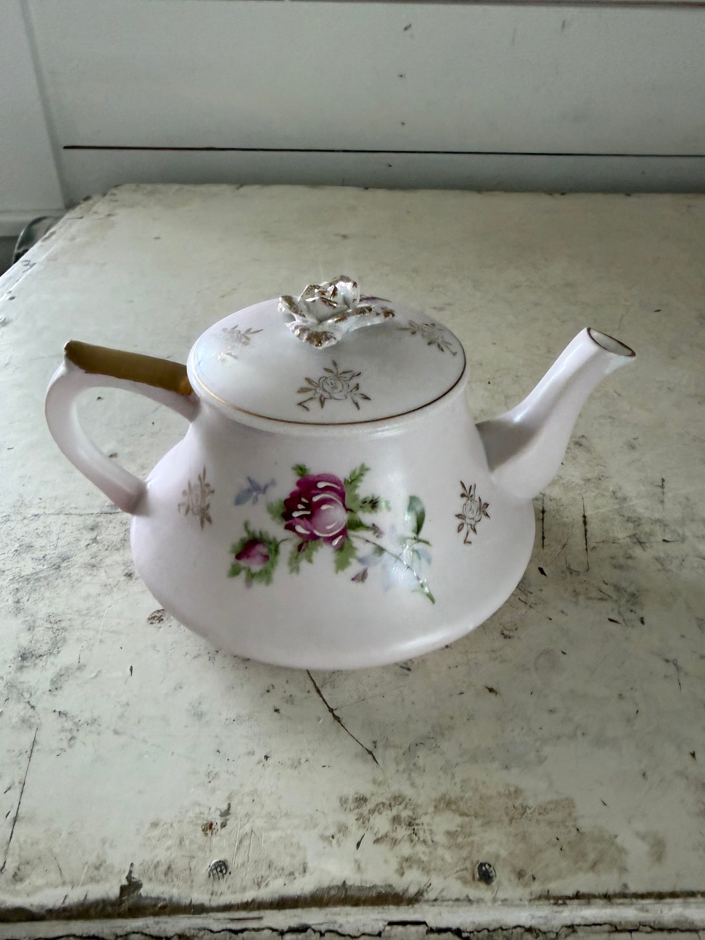 Vintage Lefton China Teapot With Band painted Cabbage Roses