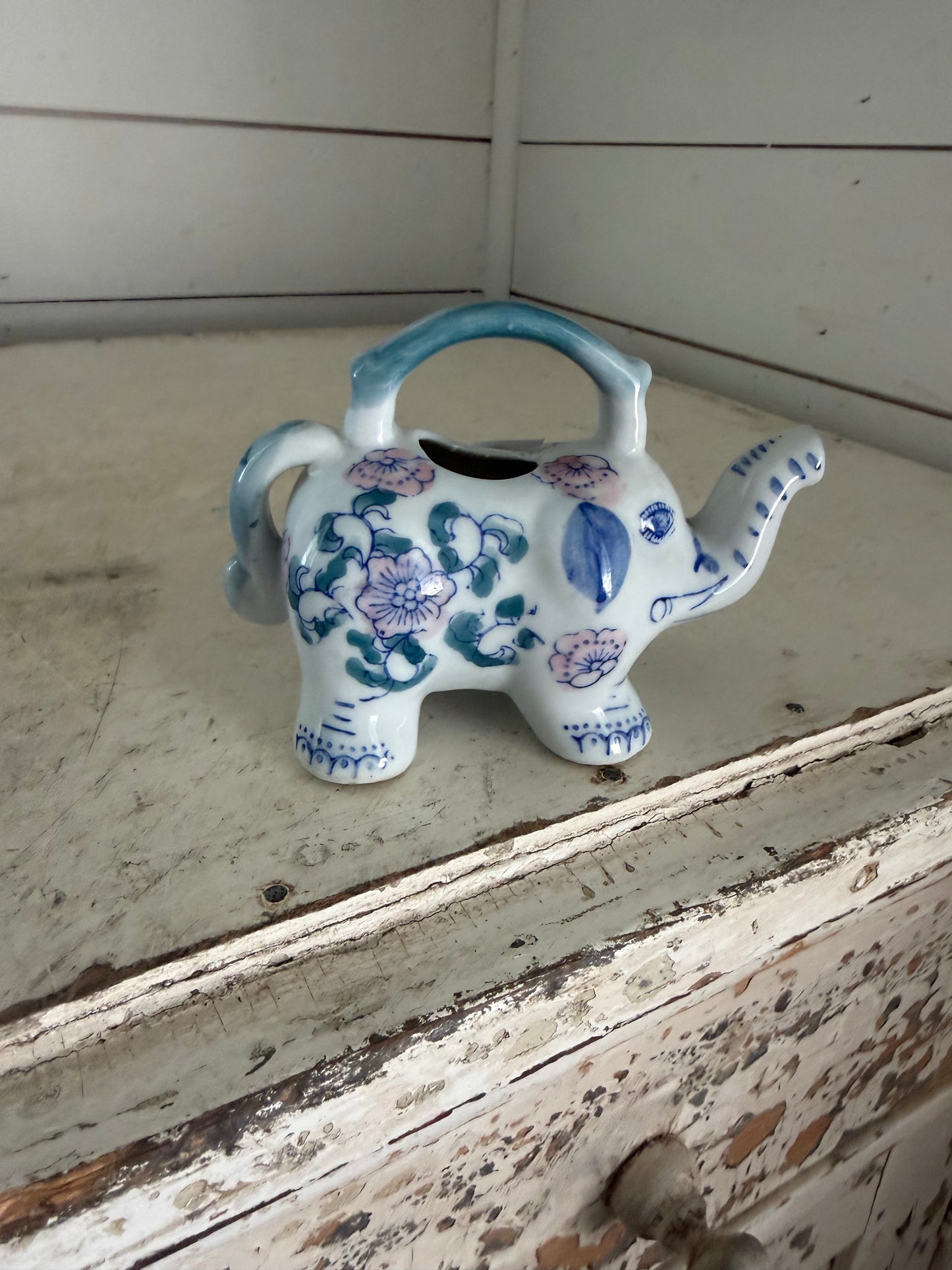 Vintage 1980s Hand Painted Small Porcelain Elephant Creamer/Soy Pot - Blue and White with Pink and Green Floral Pattern