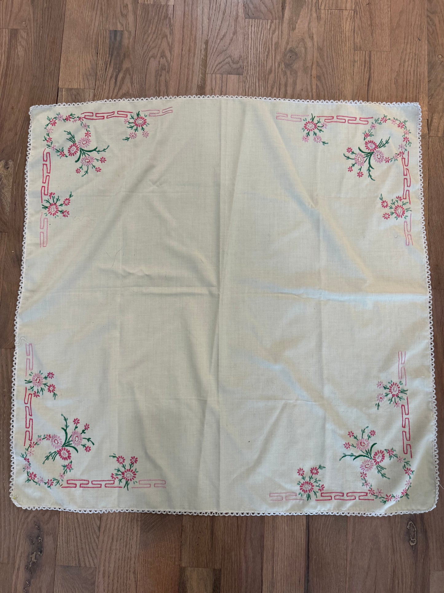 Vintage Pink Hand Embroidered Square Tablecloth Cotton Linen 34x34”