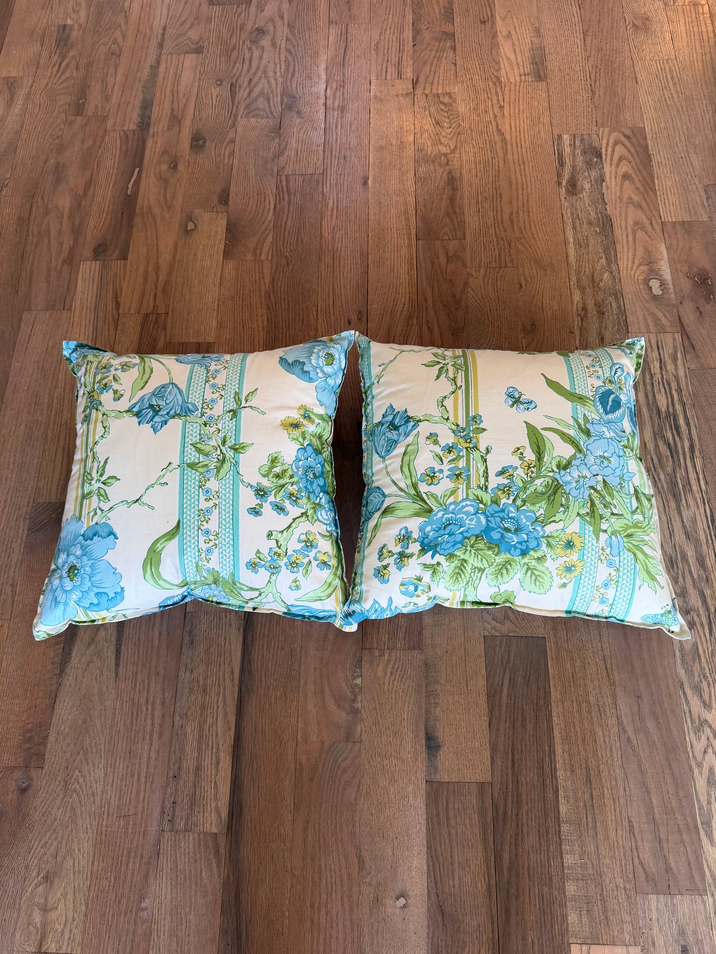 Glowing green floral throw pillows with inserts set of 2 - vintage fabric homemade