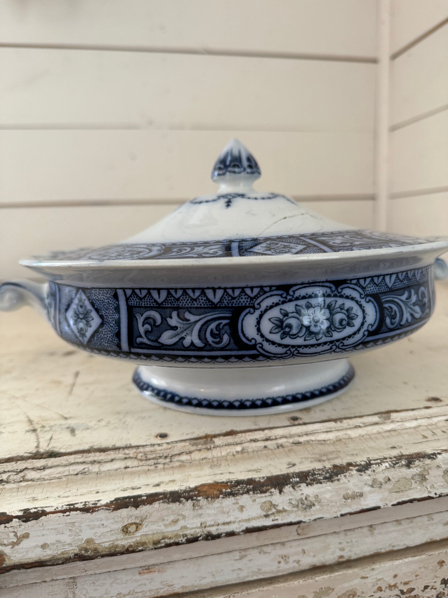 Damaged Lid - Antique Flow Blue Soup Tourine & Lid - F & Sons Ltd Burlem