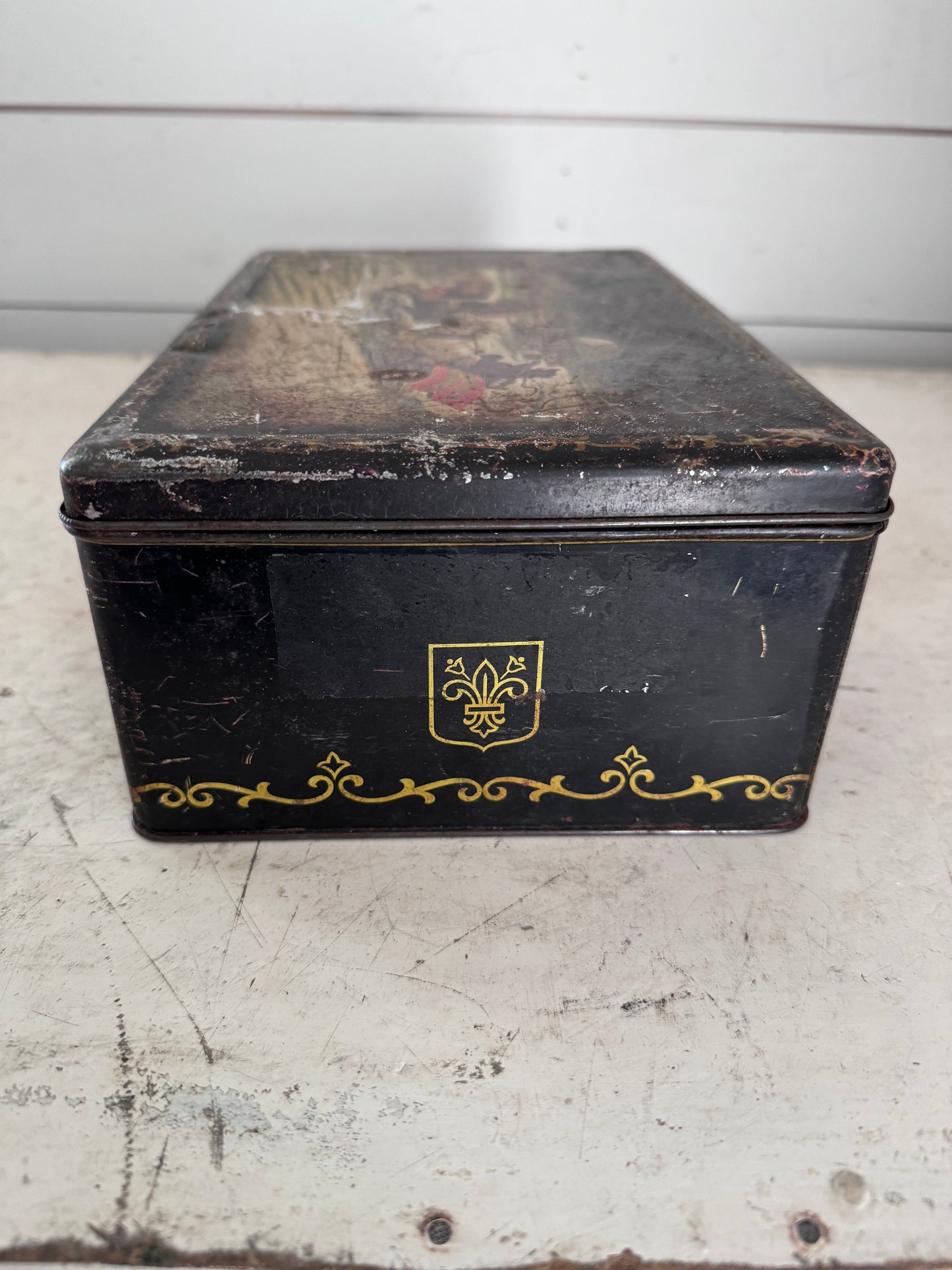 Antique Tin Box With Hinged Lid Black and Gold With Christmas Scene