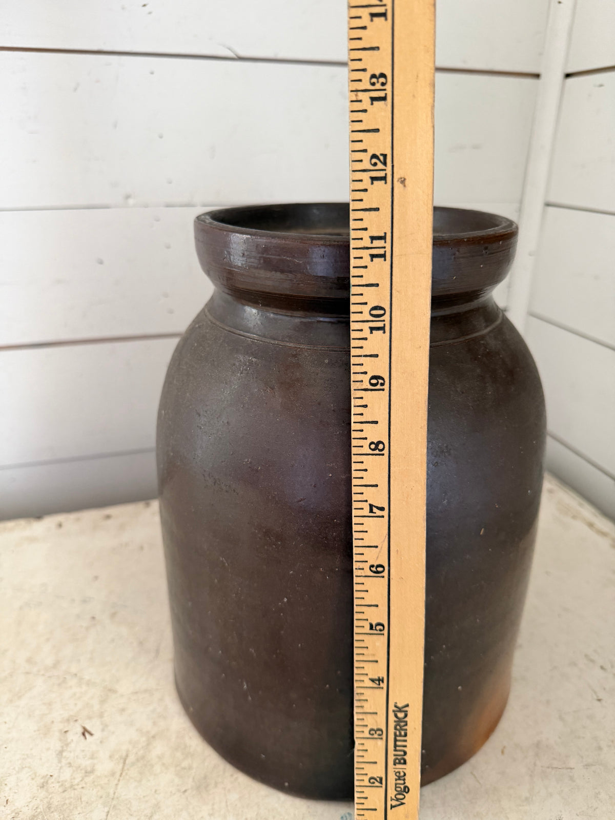 Antique brown-glazed stoneware crock