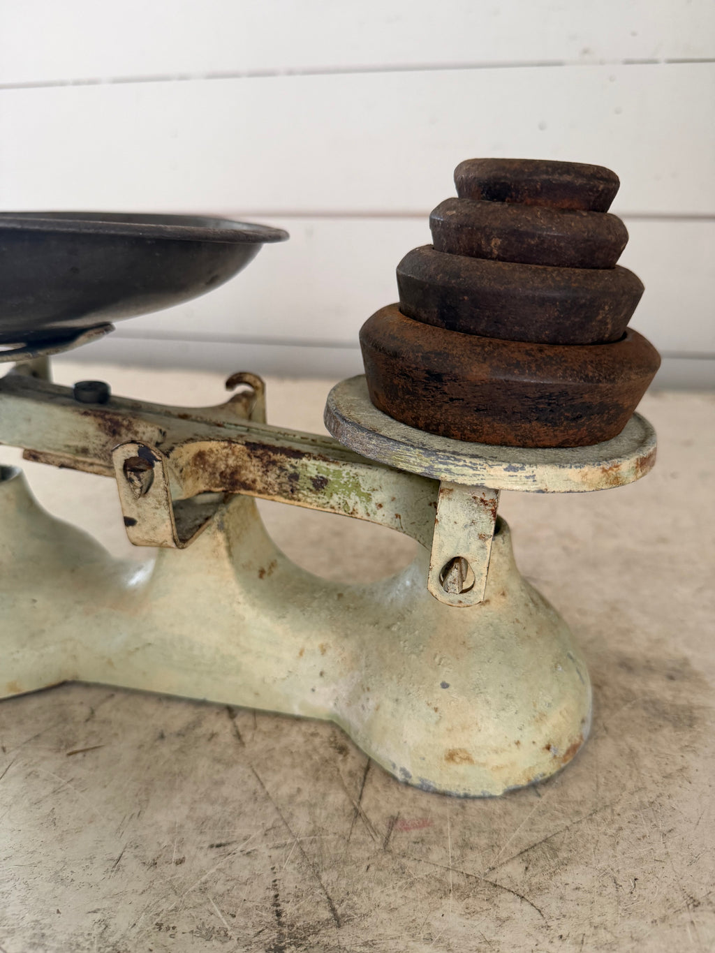 Cream Vintage Scale with weights and metal bowl
