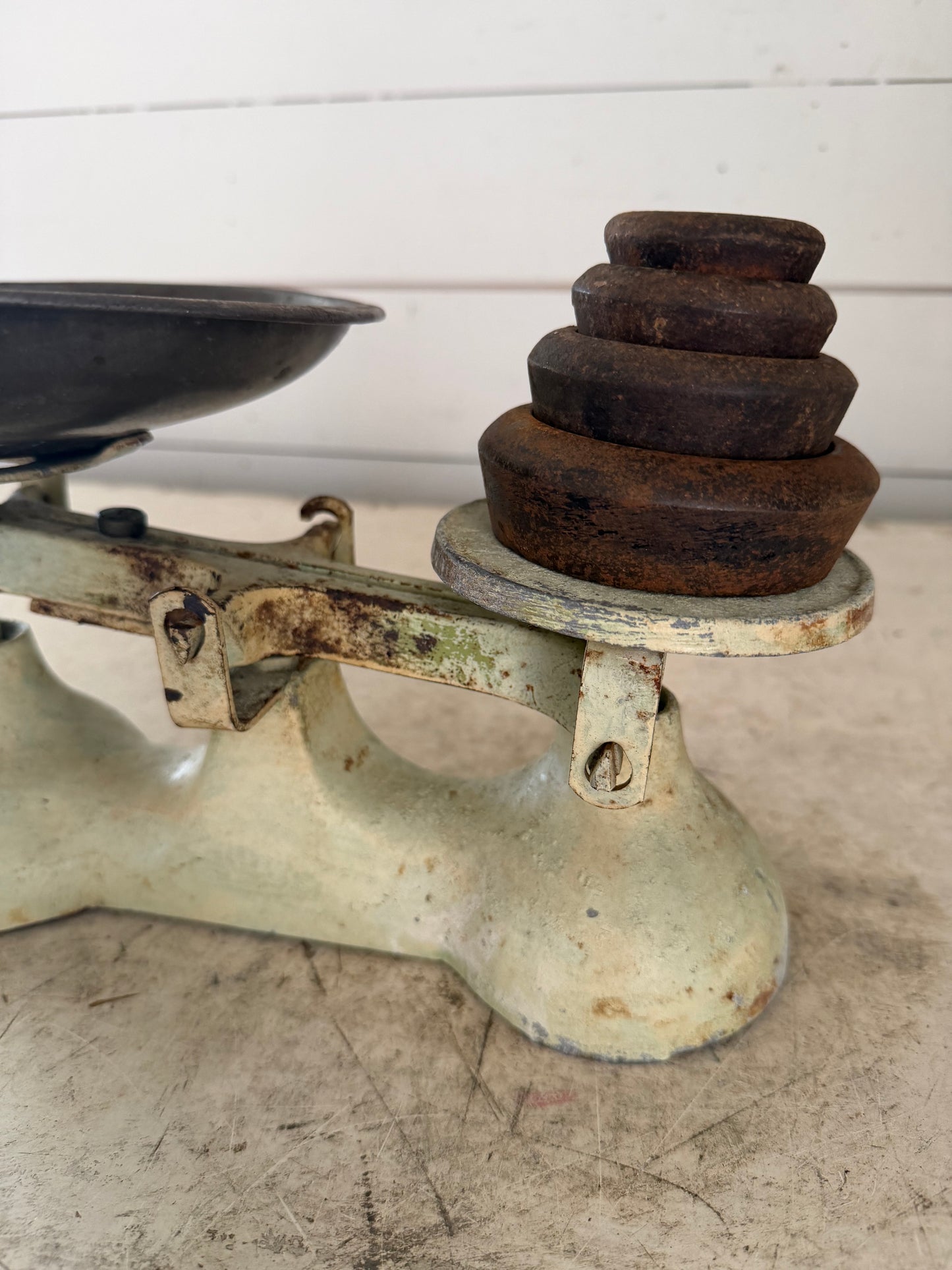 Cream Vintage Scale with weights and metal bowl