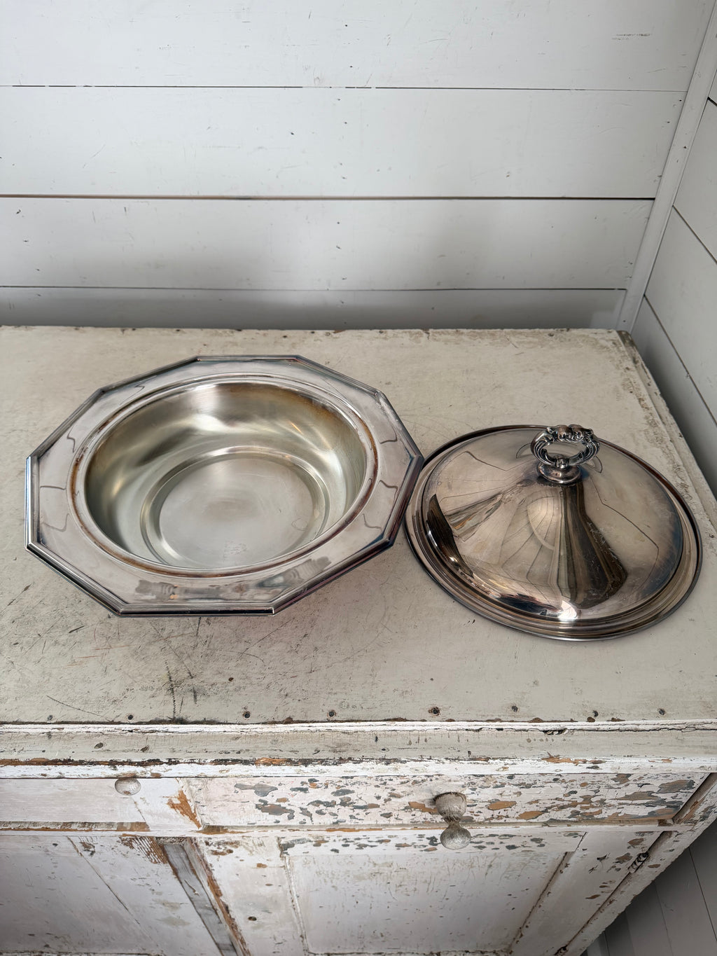Vintage silver-plated lidded serving dish with feet