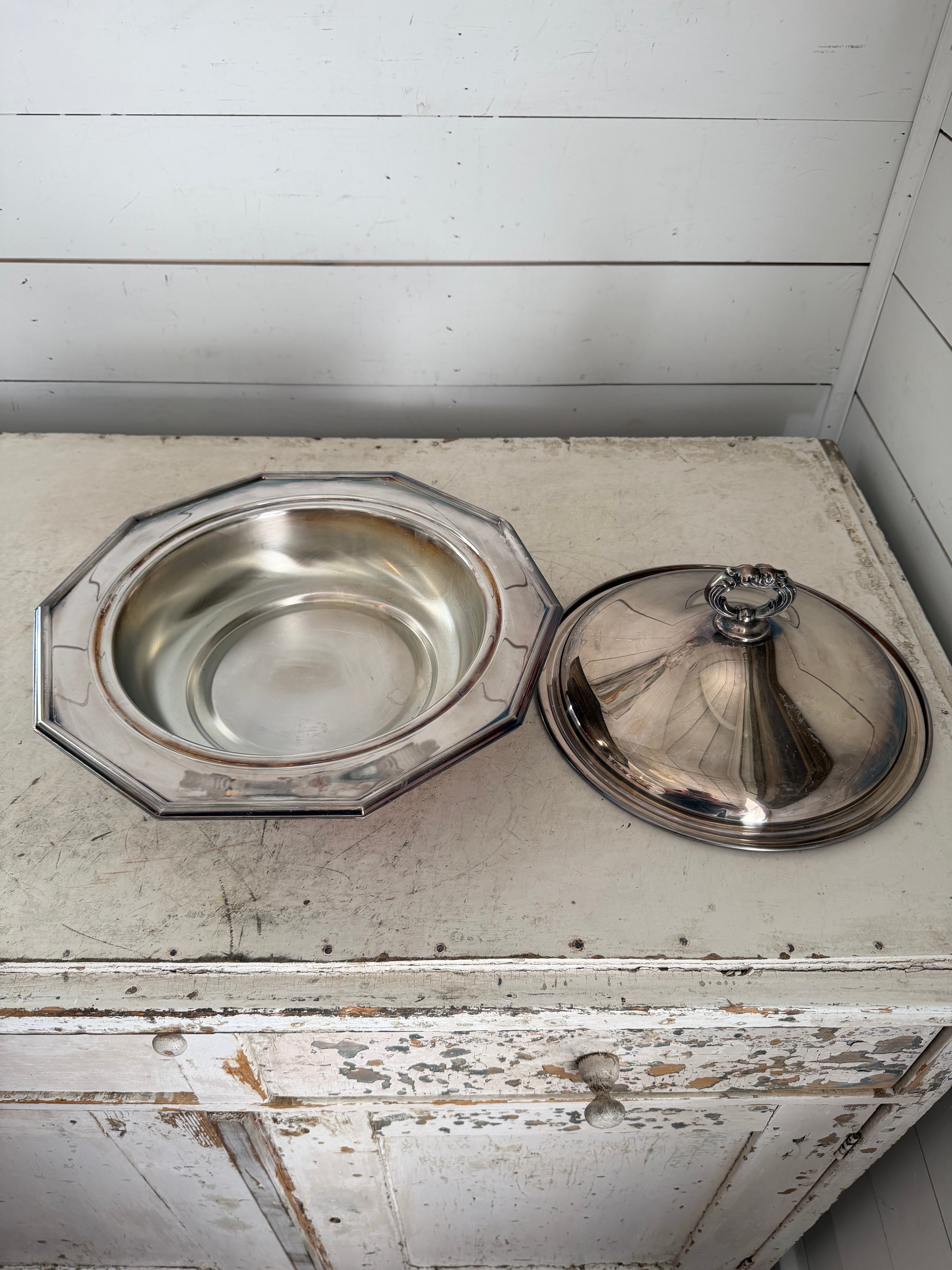 Vintage silver-plated lidded serving dish with feet