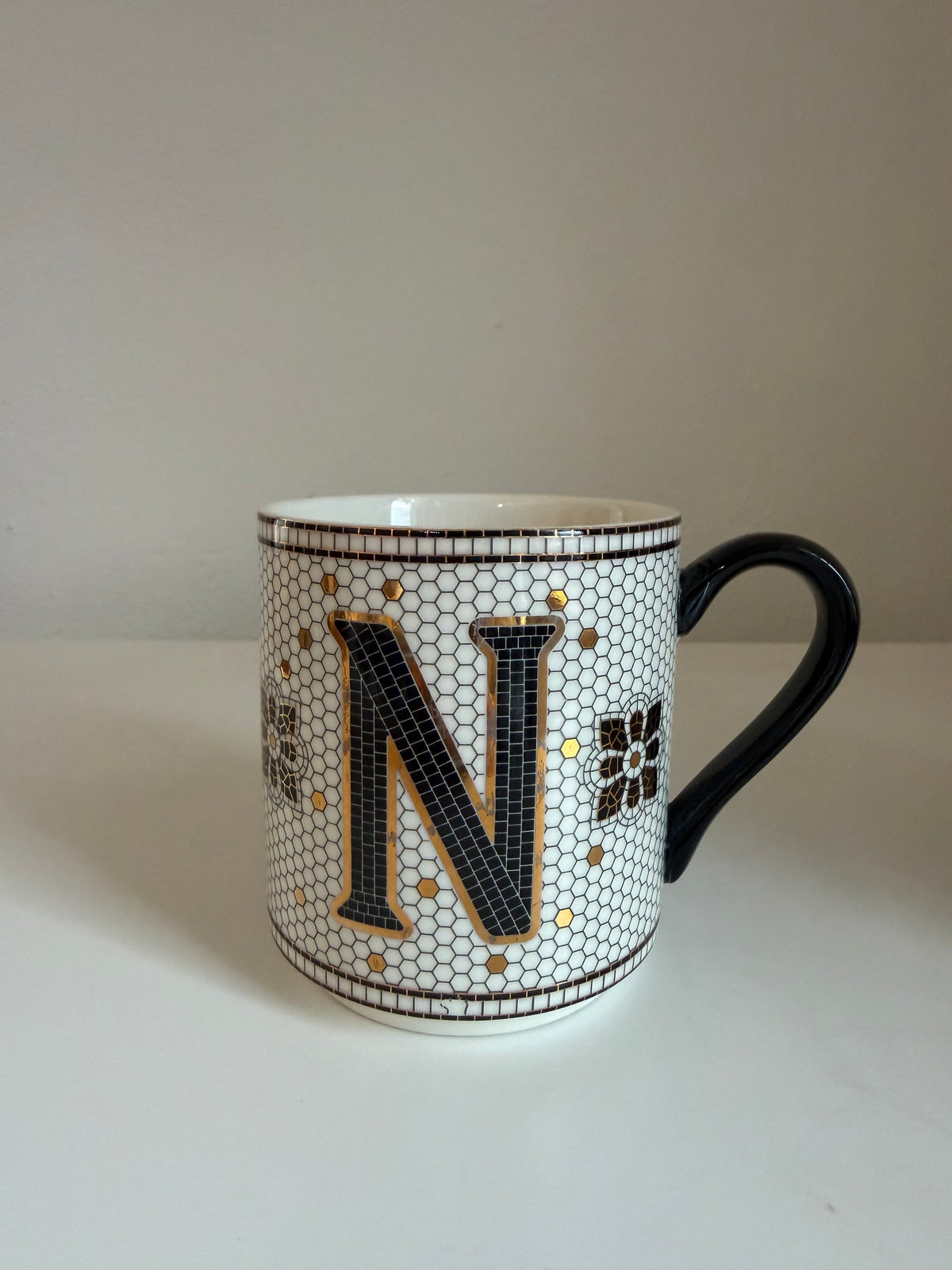 Anthropologie Bistro Tile Stoneware Monogram Mug (Letter N)
