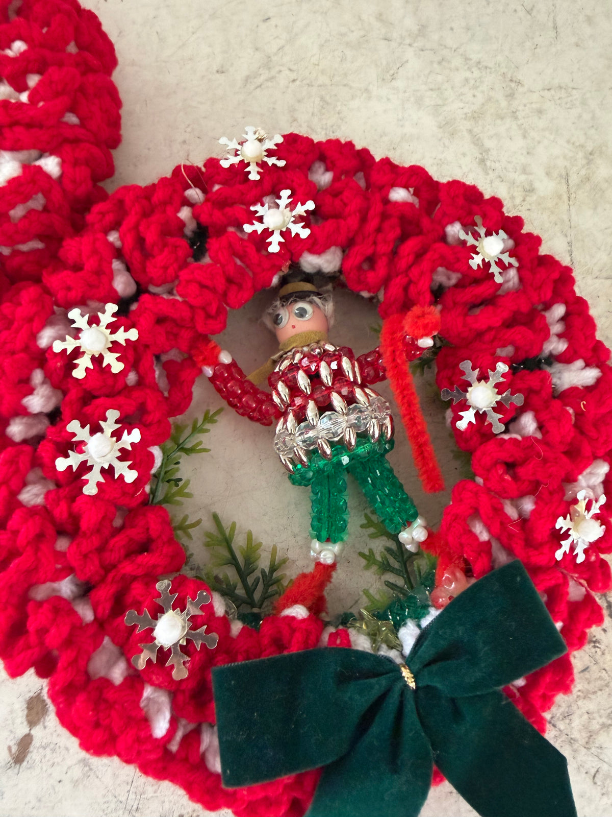 Set of vintage handmade crocheted Christmas wreath ornaments