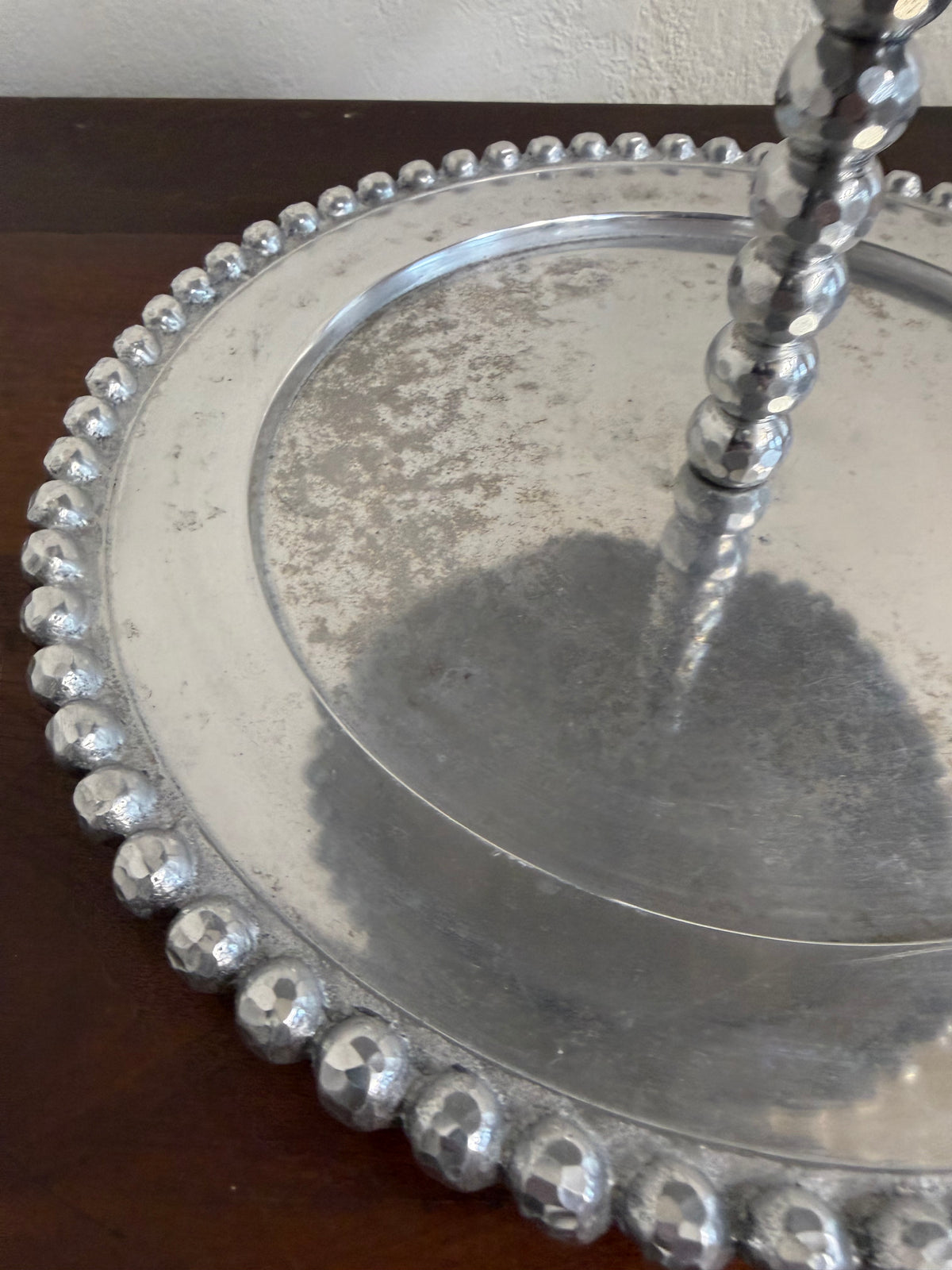 Vintage Beaded Pewter Two Tiered Tray