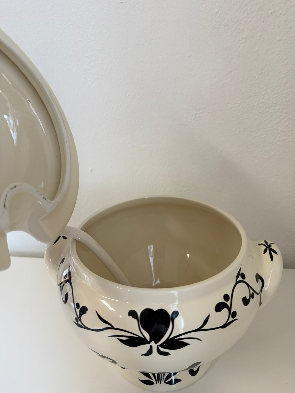 Vintage Ceramic Soup Tureen with Black & Cream Floral "Soupe"