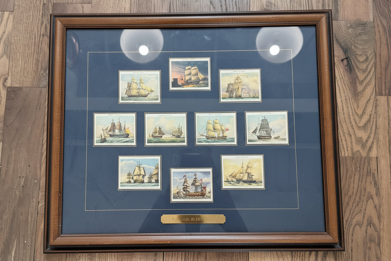 Framed collection of vintage John Player and Sons Old Naval Prints Cigarette Cards