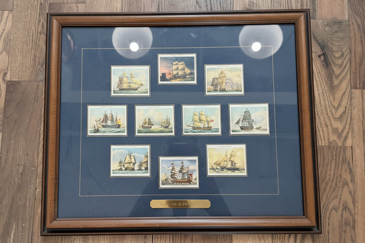 Framed collection of vintage John Player and Sons Old Naval Prints Cigarette Cards