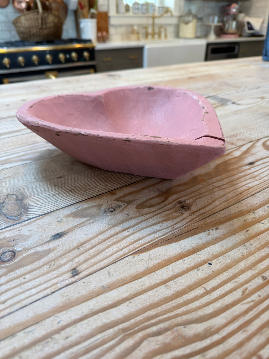 Handmade Rustic Large Heart Shaped Wood Dough Bowl Paint Pink With Veranda