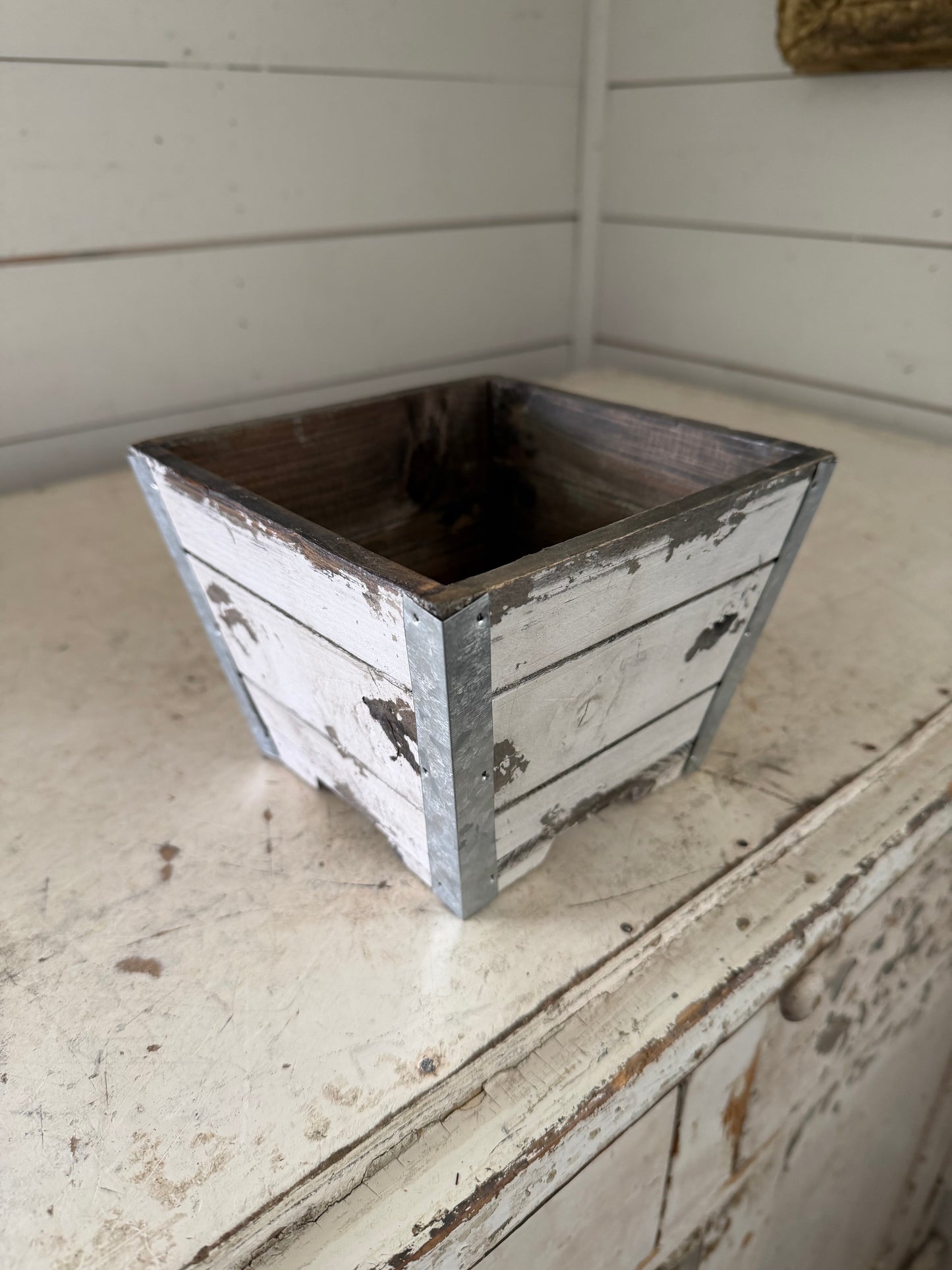 Rustic wood Planter with Galvanized bracing - Will get makeover