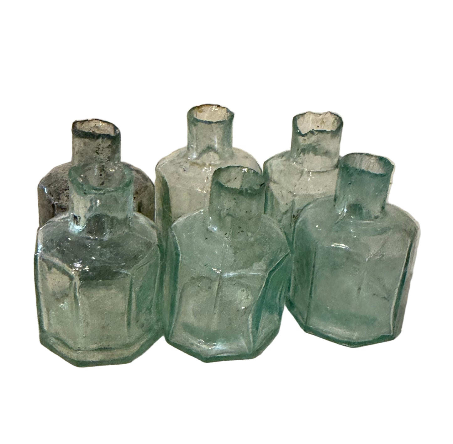 Antique Inkwell Green Hue Handcrafted Blown Glass Sheared Lip break away - sold individually picked at random