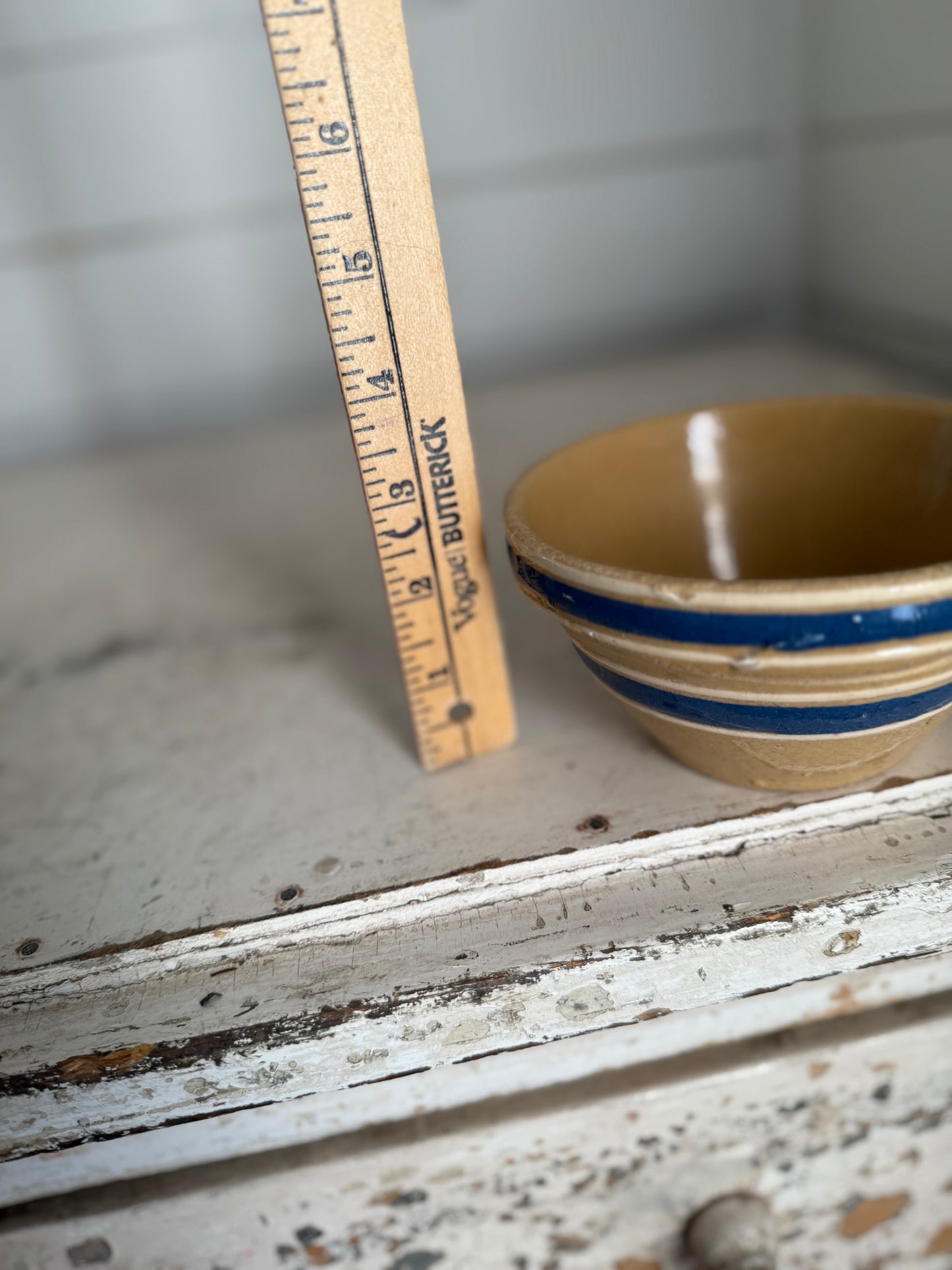 Small Yellowware crock bowl with blue stripe