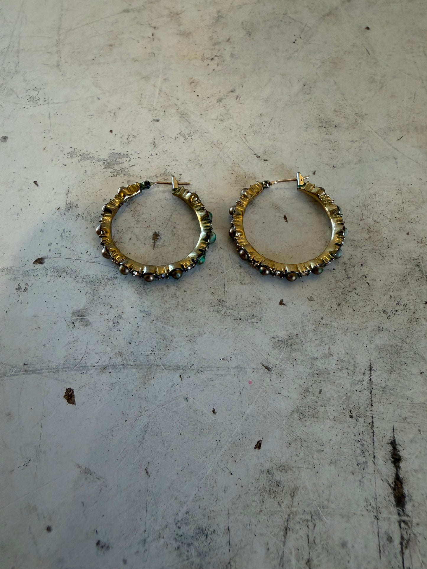 Gold Toned Faux Pearl ringed Hoop Earrings
