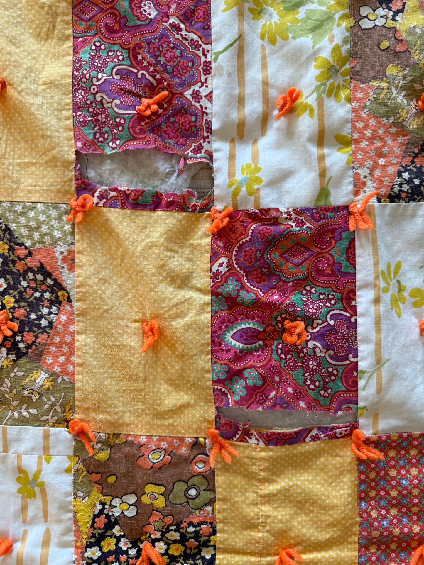 Full size hand pieces quilt in yellow, orange and green - has some wear as shown