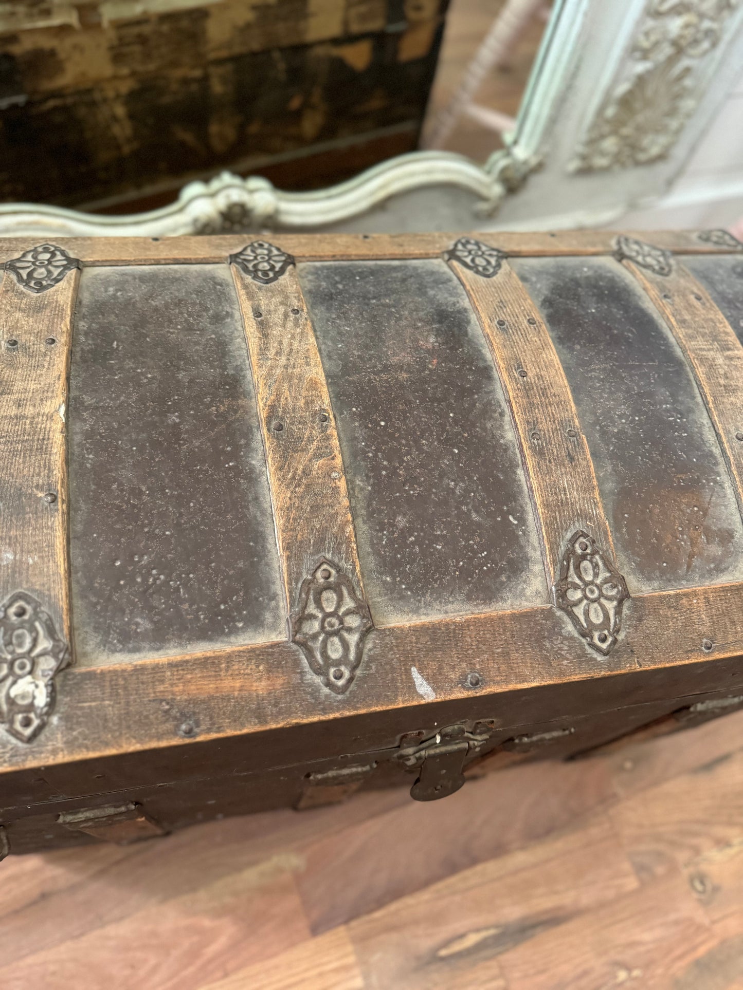 Antique Dome Top Steamer Trunk with wheels