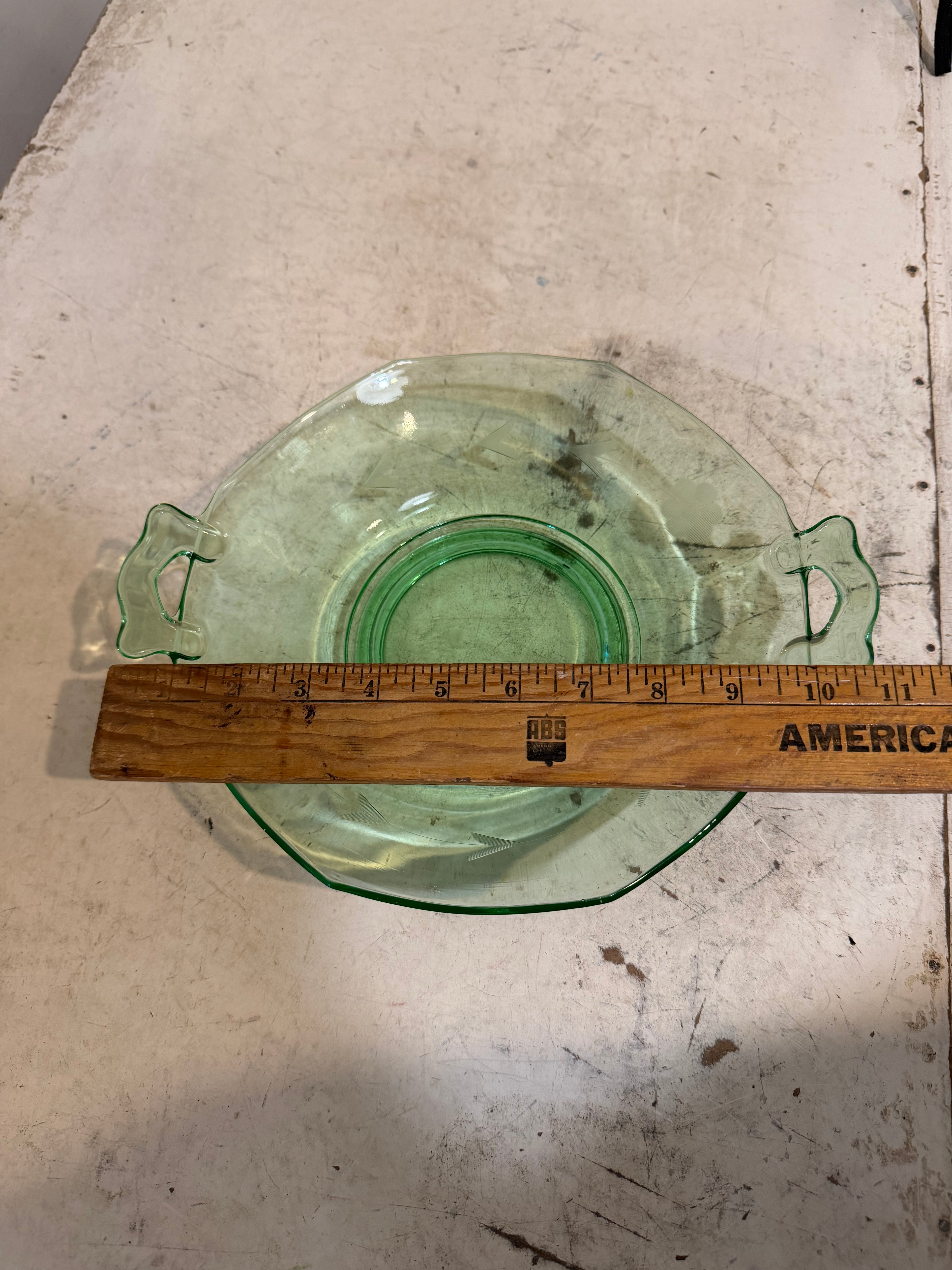 Antique Uranium Green Glass With etching and Handles
