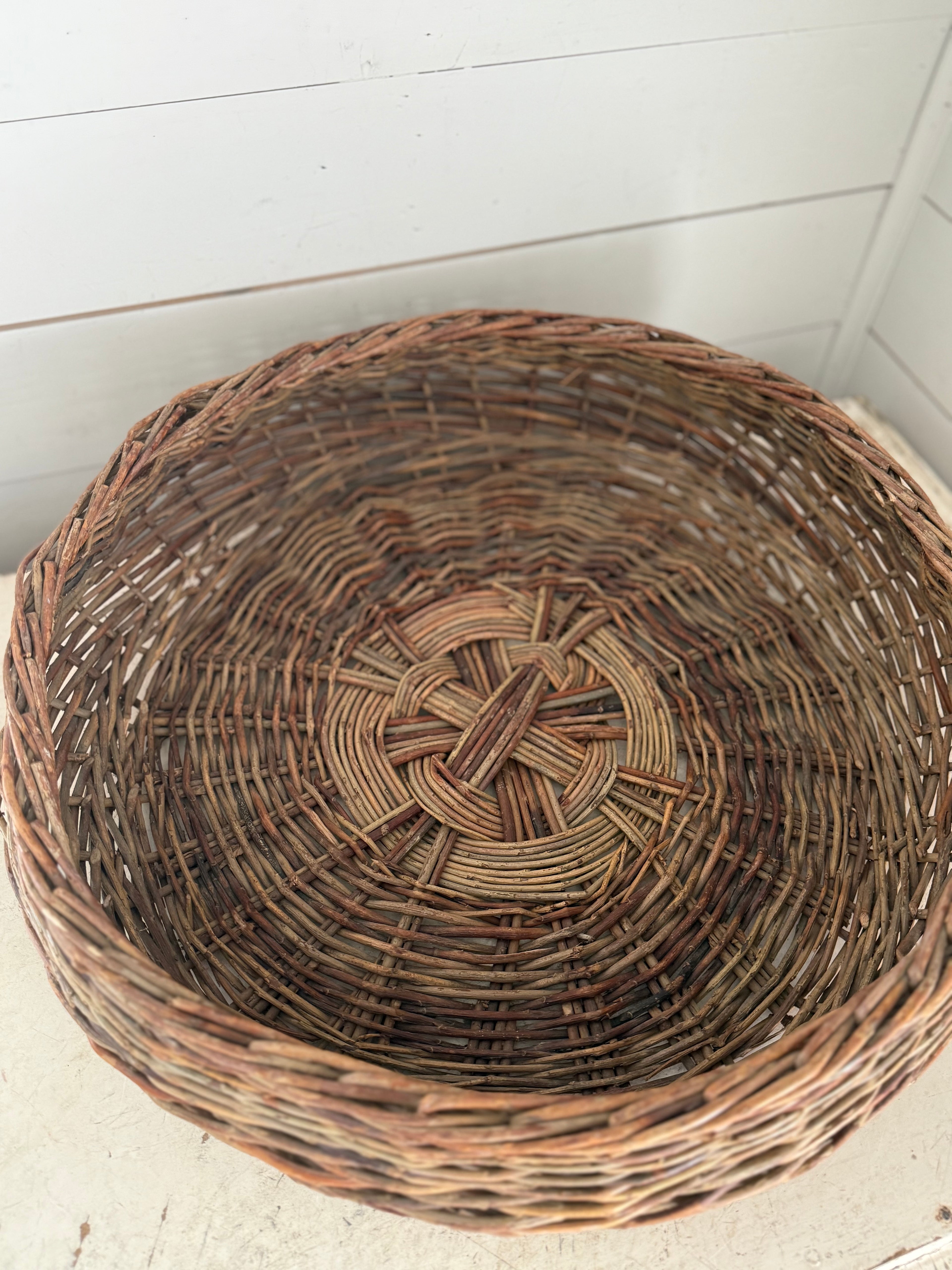 Oversized Round Handmade Antique Wicker Basket - French Style