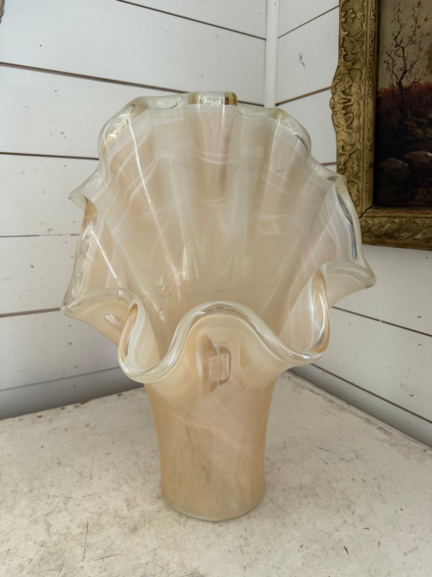 Murano Style Art Glass Handkerchief, Clam Shell Vase, Gold Pearl Luster Crystal 17 3/4” Tall Vase, Novelty Art Glass Made in Italy