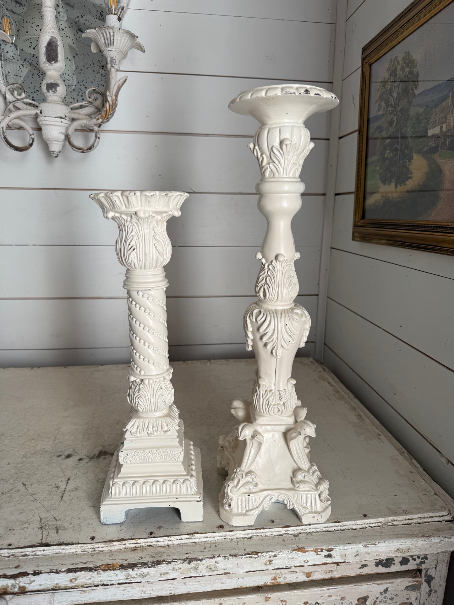 Large ornate resin candlesticks sold as a set - will get painted