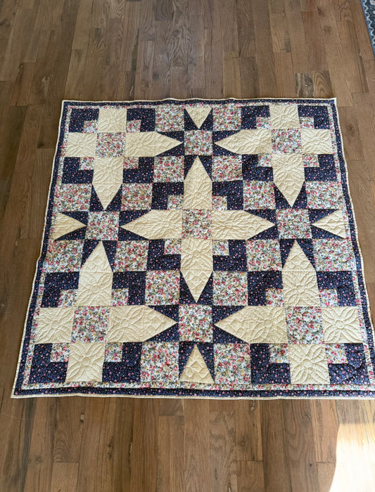 Vintage Blue, Pink and Cream Floral Twin Star Pattern Crib/lapSize Blanket