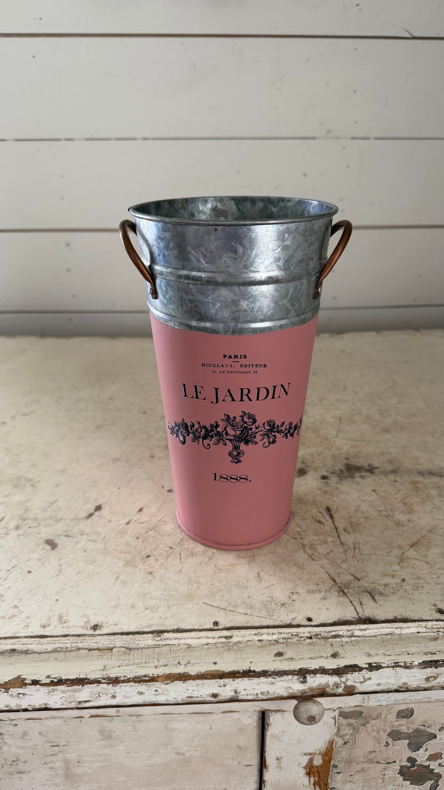 Galvanized Tin Bucket with Copper handles Painted in Veranda With a Transfer (FLORAL NOT INCLUDED)