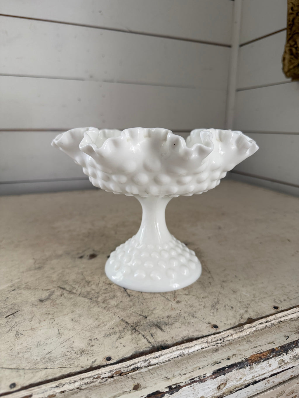 Fenton Ruffled Footed Milk Glass Hobnail Comport/Fruit Bowl/Floral Arrangement 1960 USA