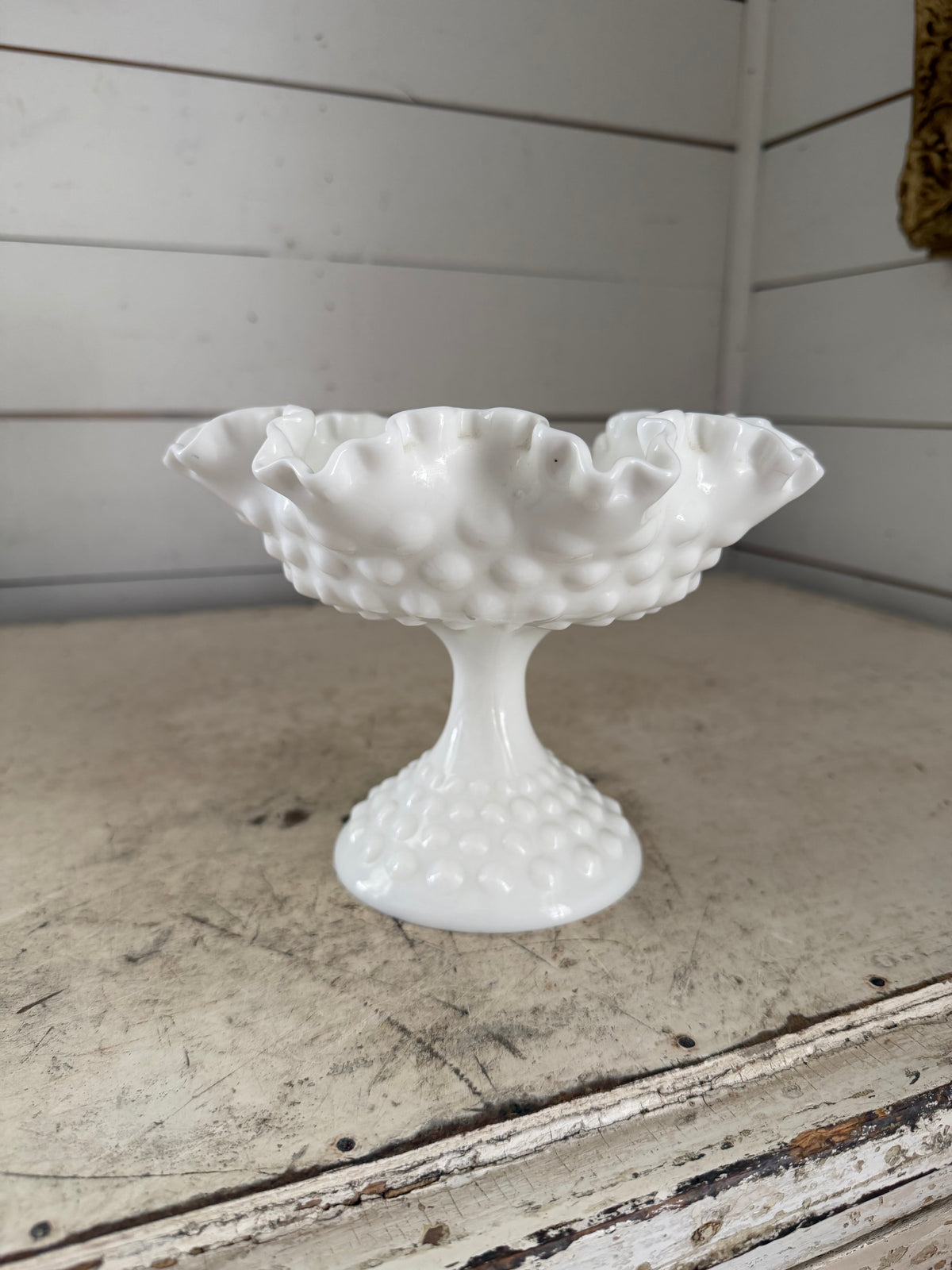 Fenton Ruffled Footed Milk Glass Hobnail Comport/Fruit Bowl/Floral Arrangement 1960 USA