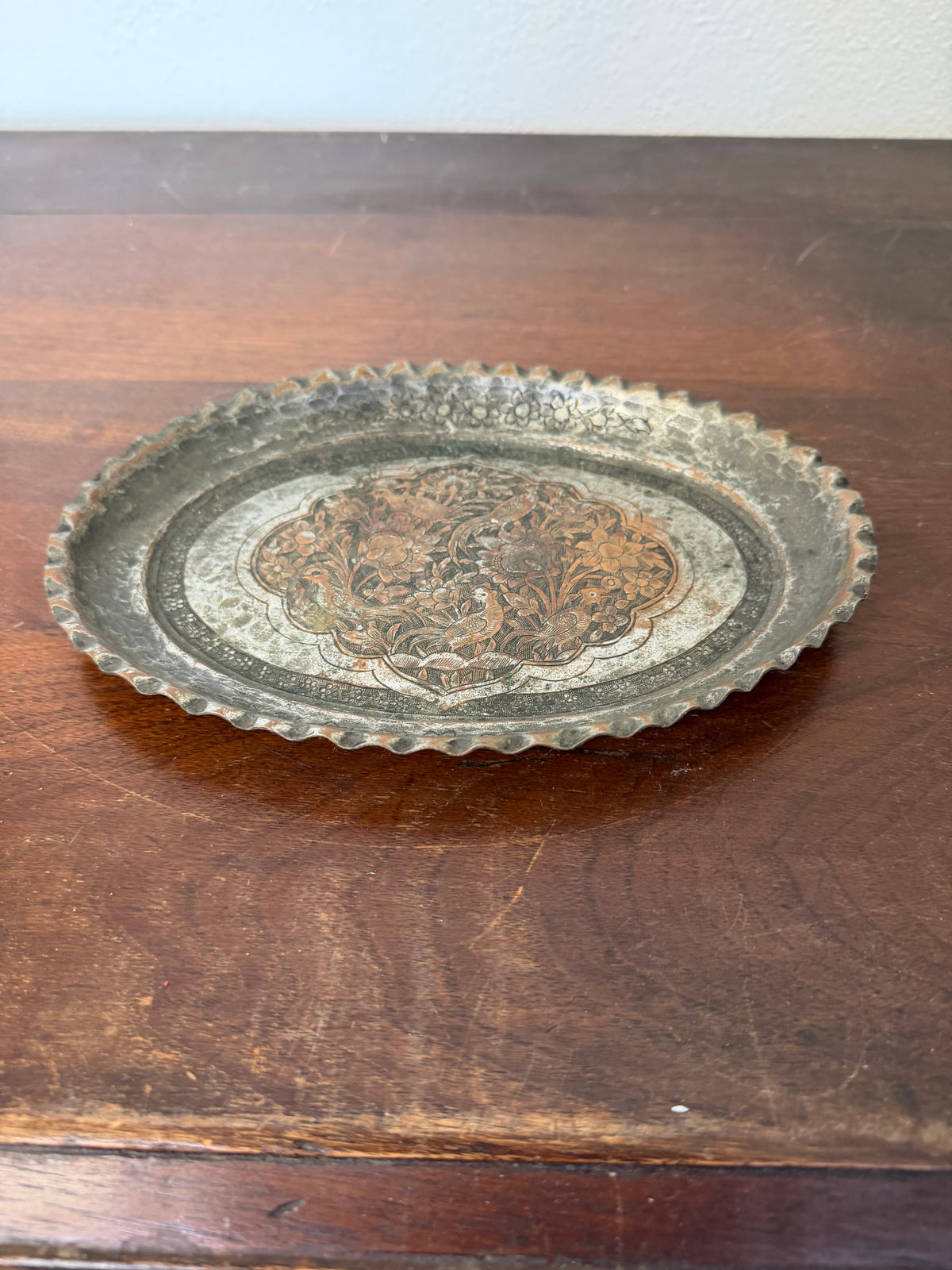 Antique Hand Engraved Silver Plate Over Copper Tray