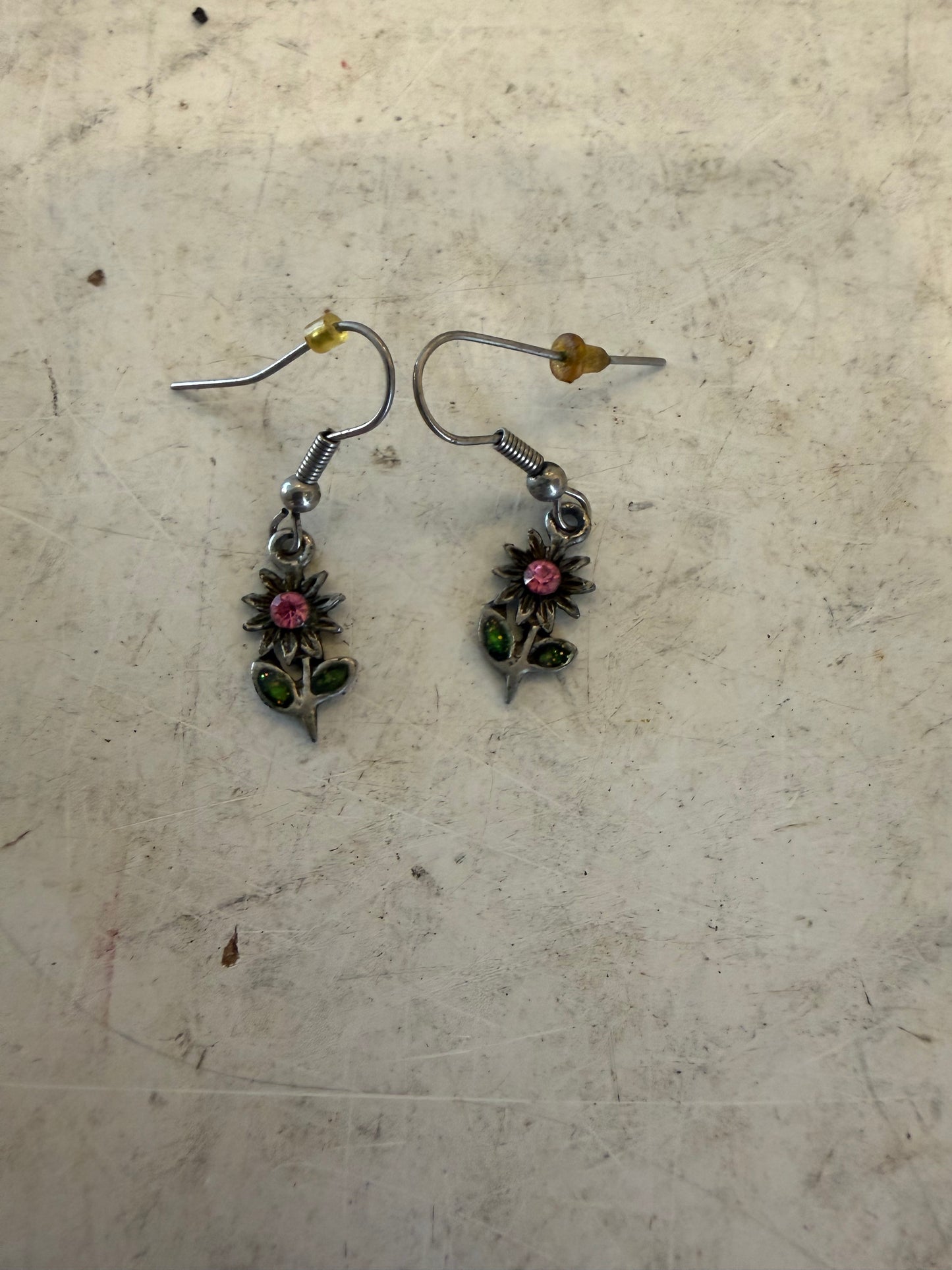 Sterling Silver flower dangle earrings with pink and green crystal accents