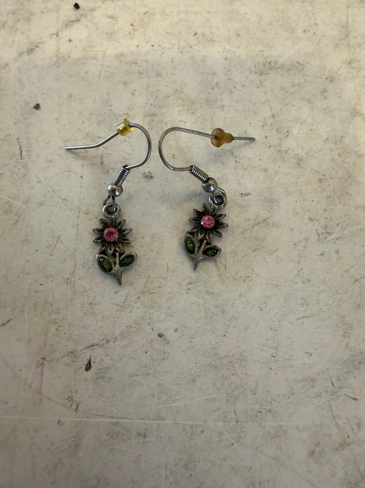 Sterling Silver flower dangle earrings with pink and green crystal accents