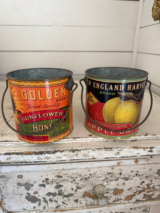 Vintage style fruit label metal bucket planter sold individually