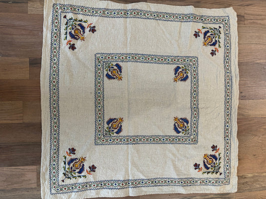 Vintage Cross Stitched Hand Embroidered Square Tablecloth Cotton Linen 33x31”