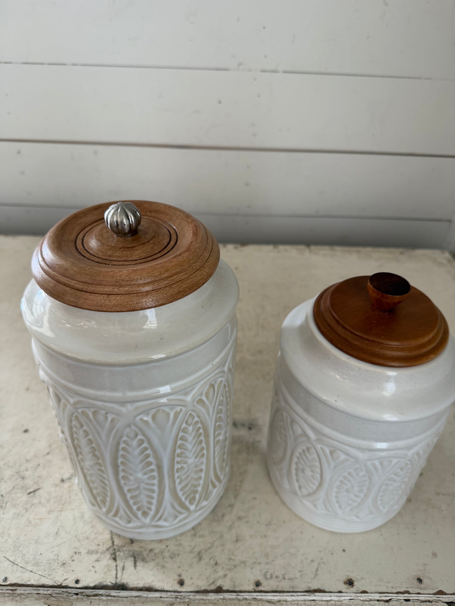 Set of Ivory Farmhouse Canisters with Wood Lids