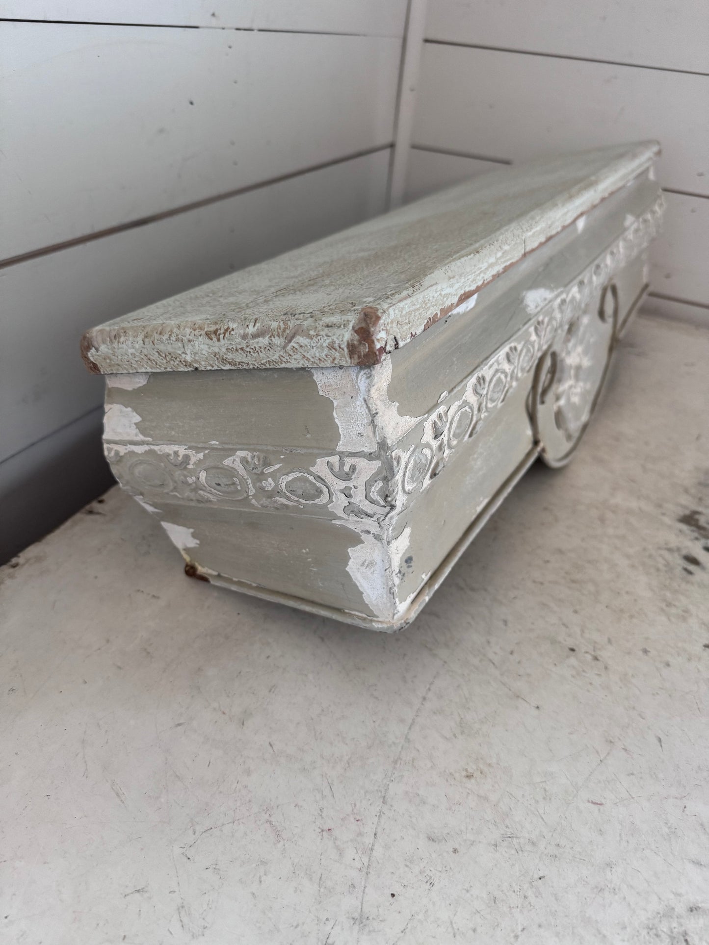 Pressed tin shelf with wood top -will be painted