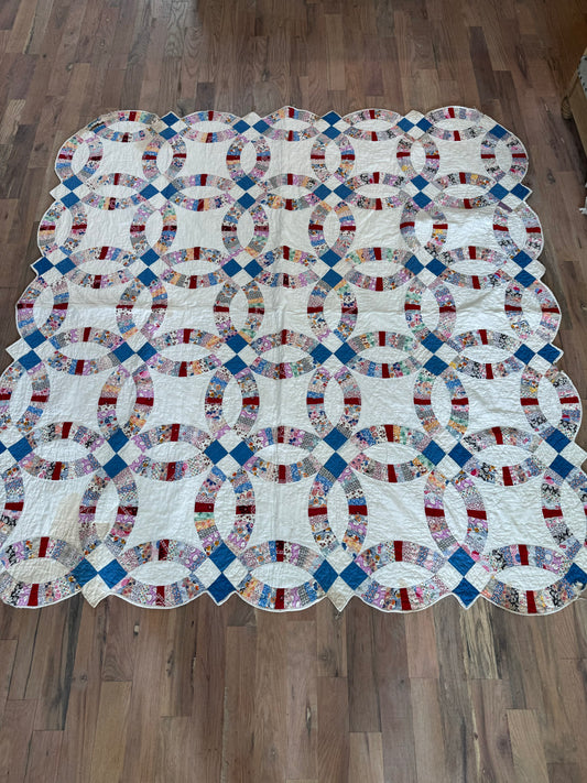 Vintage Double Wedding Ring Quilt has tear Full