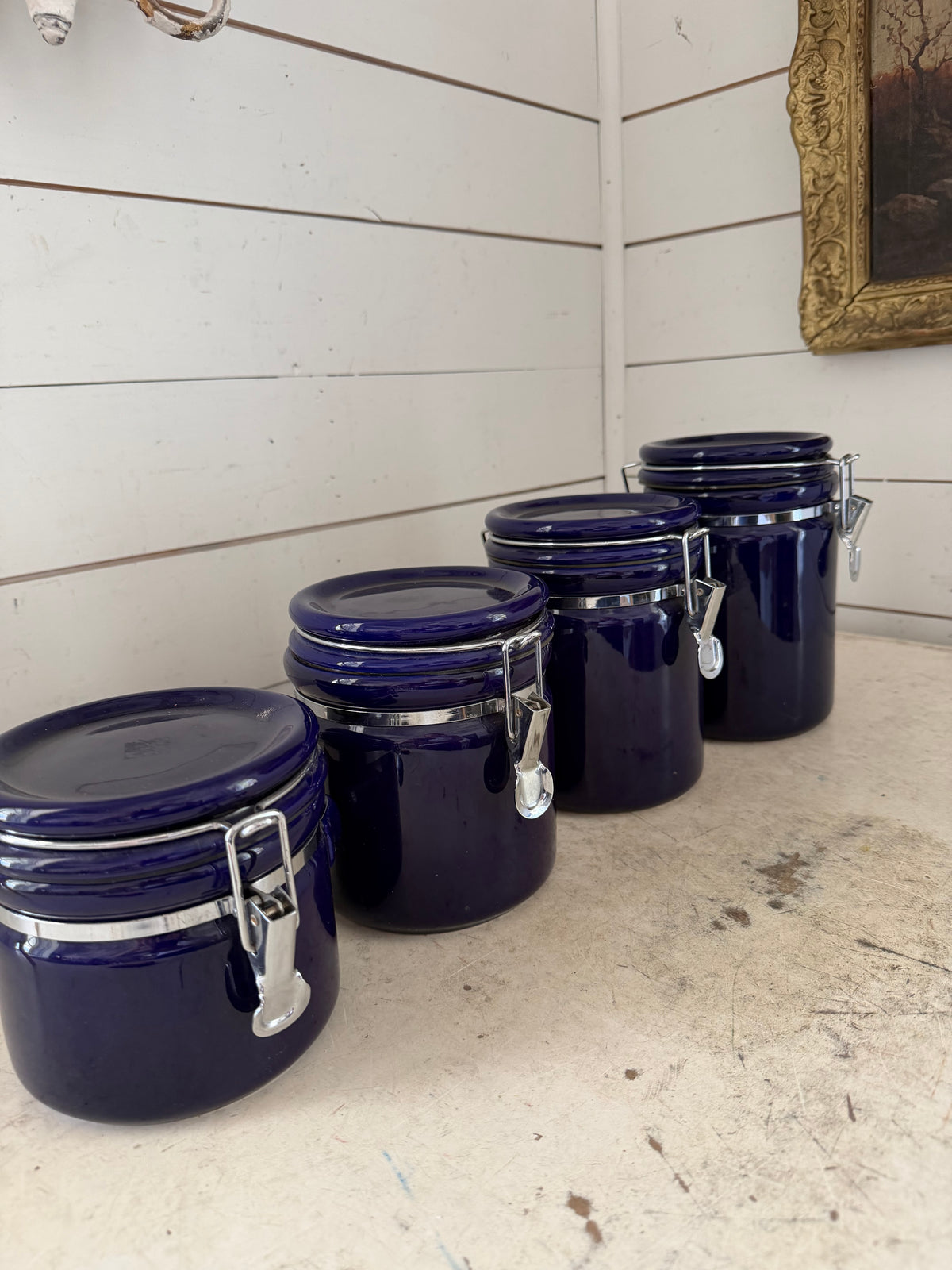 Vintage Set of 4 Stoneware Cobalt Blue Canisters w/Silver Hardware | Set Includes: X-Large, Large, Medium,Small