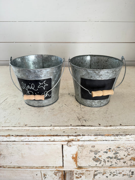 Galvanized tin bucket with Black Plaque Will get makeover - sold individually