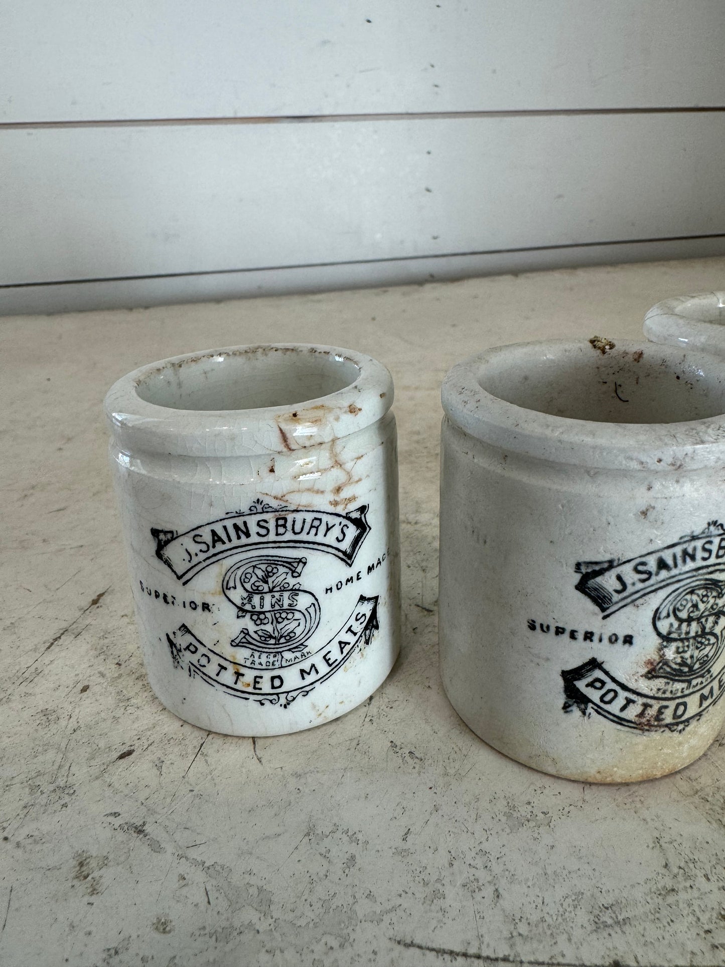 Victorian Antique English Advertising Pot – J. Sainsbury’s Potted Meats - sold individually - less crazing