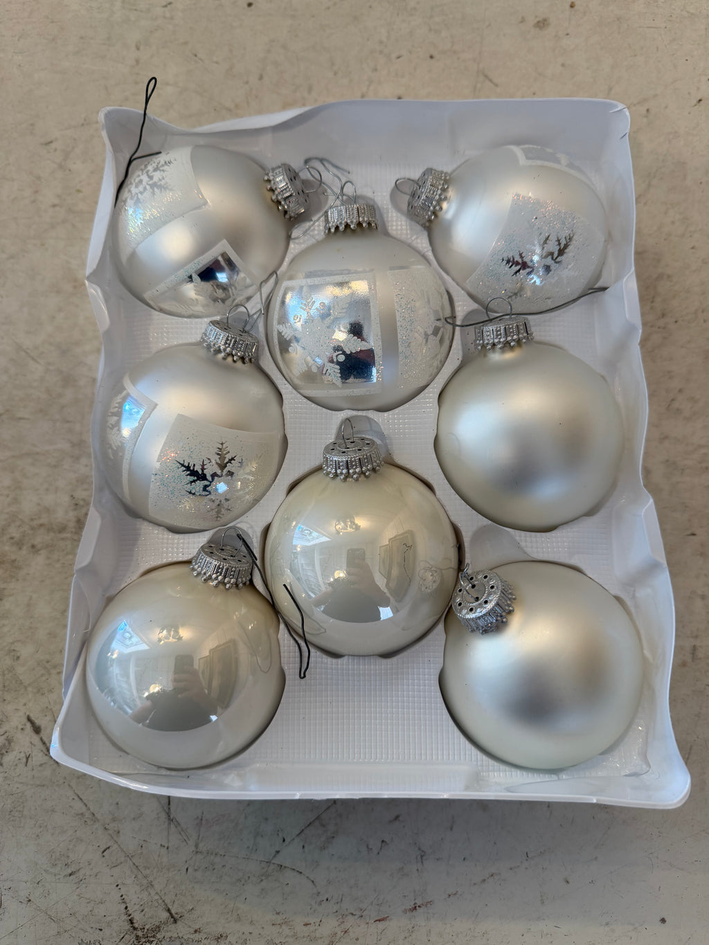 Christmas By Krebs Silver Color Glass Ornament 4 plain and 4 Frosted with snowflakes