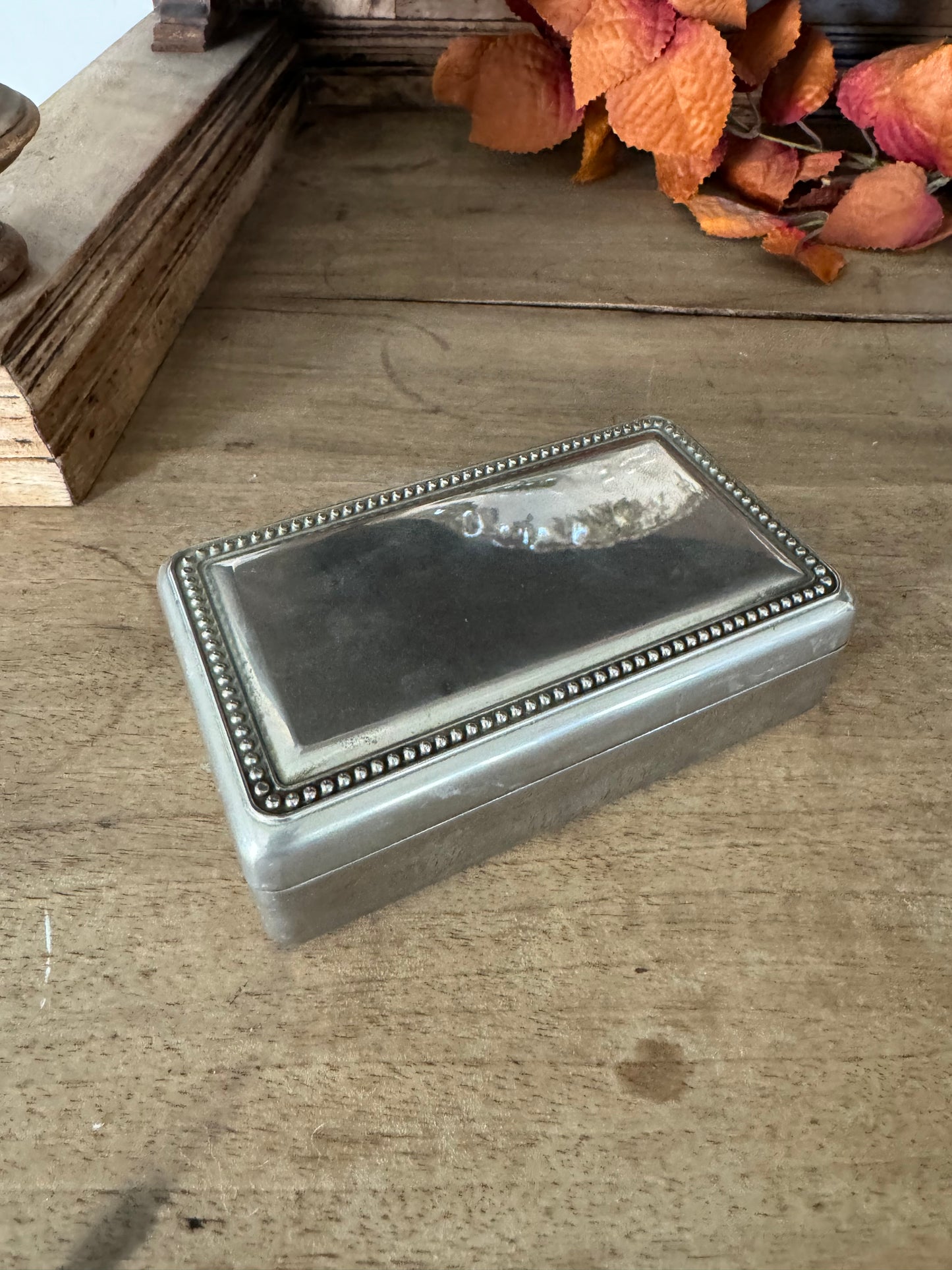 Vintage Tarnished Silver Jewlry Box with beaded edge